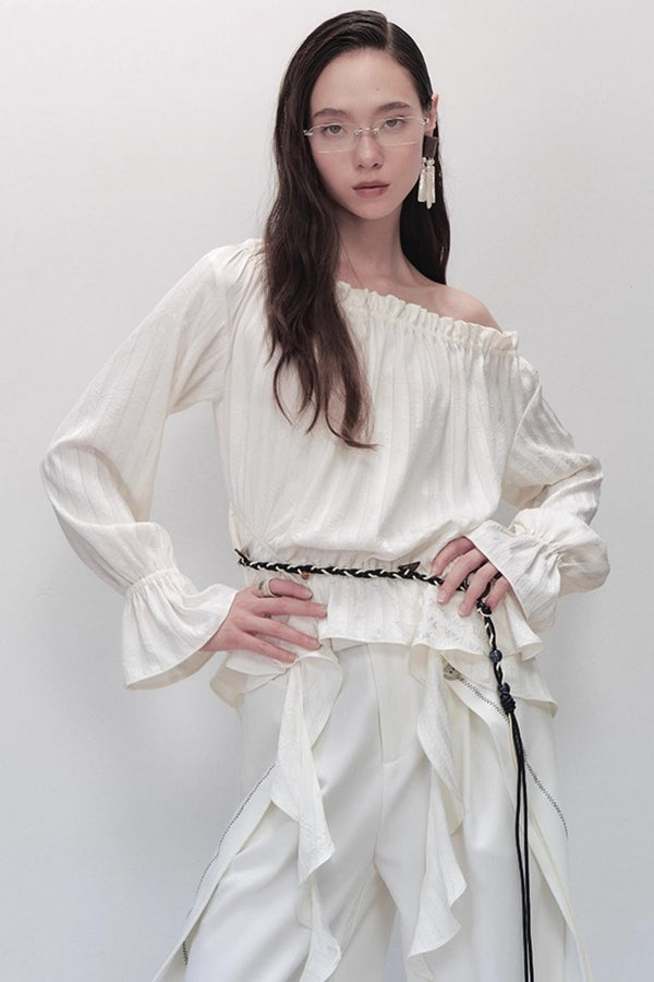 French Design One-Shoulder Ruffle Shirt