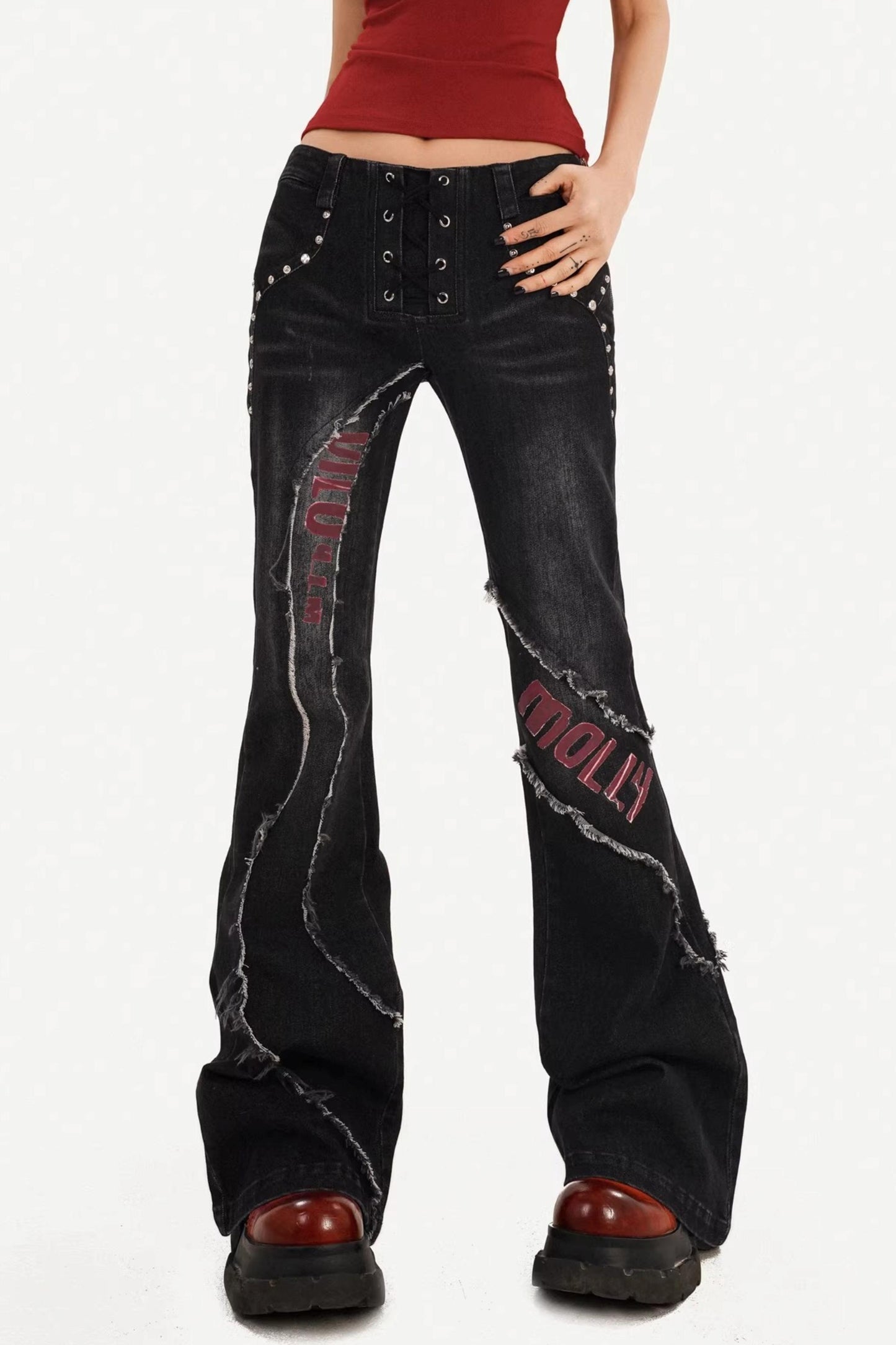 Retro Letter Print Denim Pants