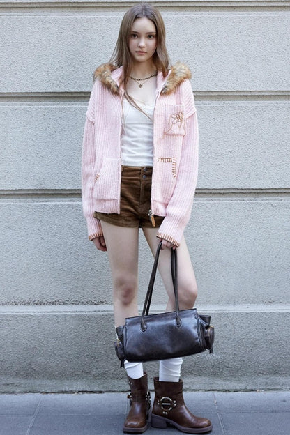 Fur Collar Cable Knit Cardigan