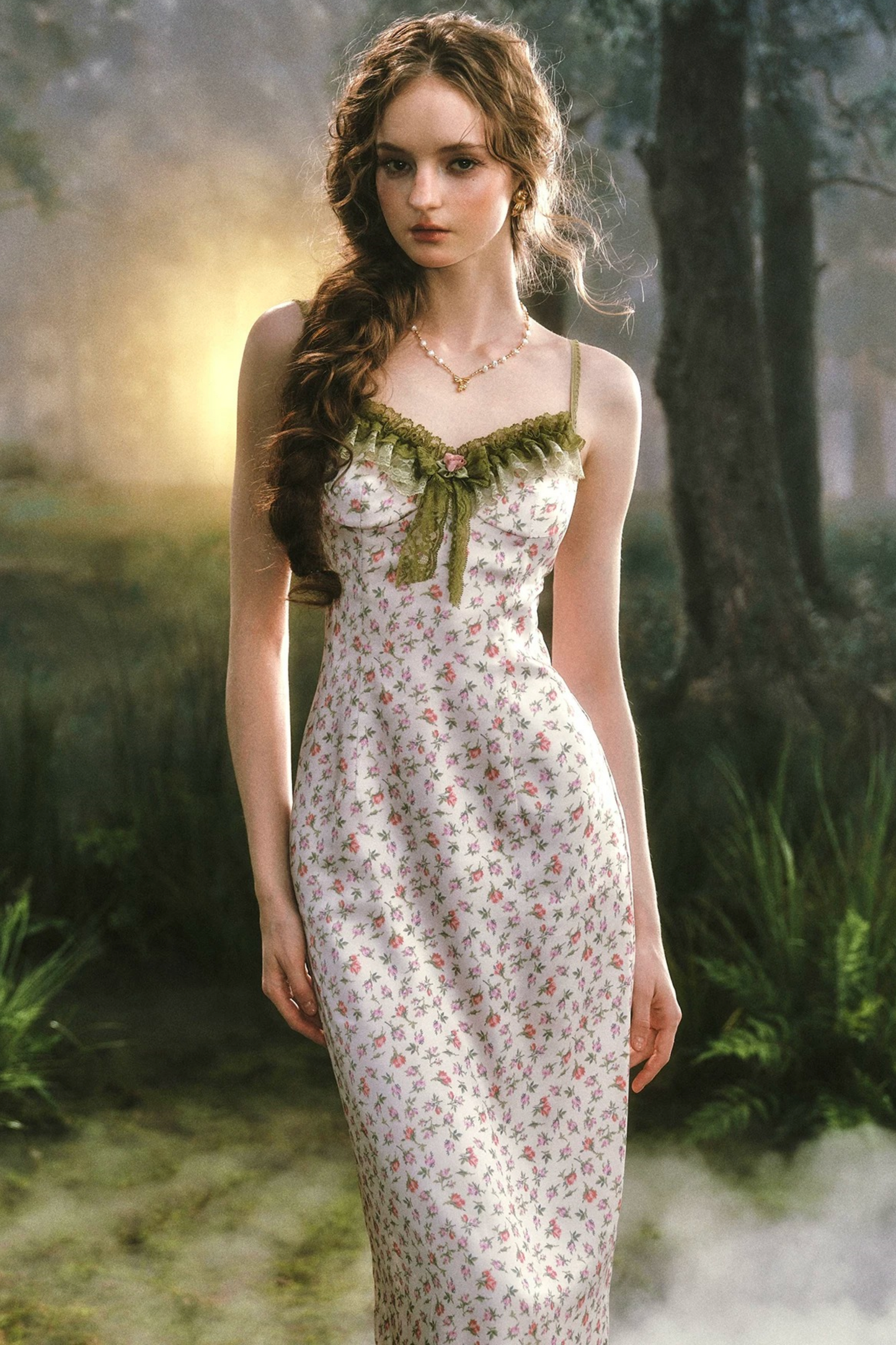 Printed Satin Dress Lace Set-Up