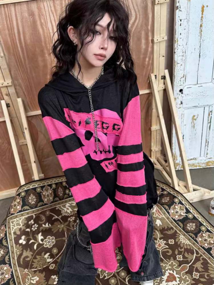 Rock Punk Skull Print Striped Sleeve Hoodie