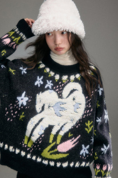 Animal Jacquard Wool Top & Skirt Set-Up