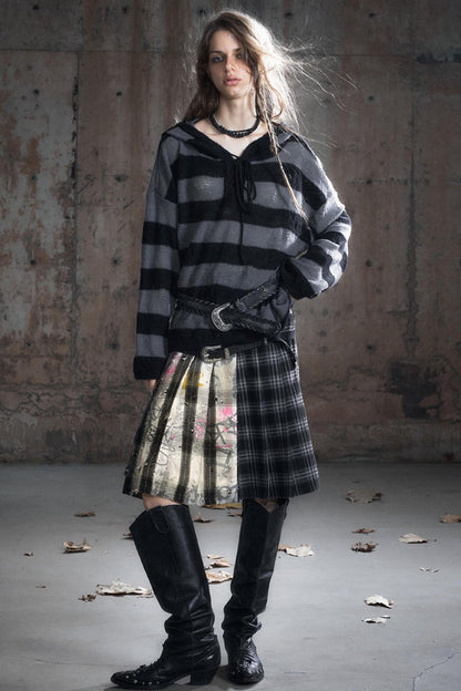 Leather Waist Plaid Pleated Skirt