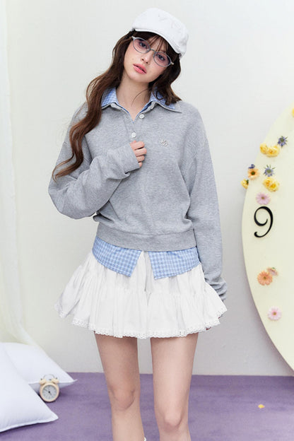 Plaid Splice Polo Sweater