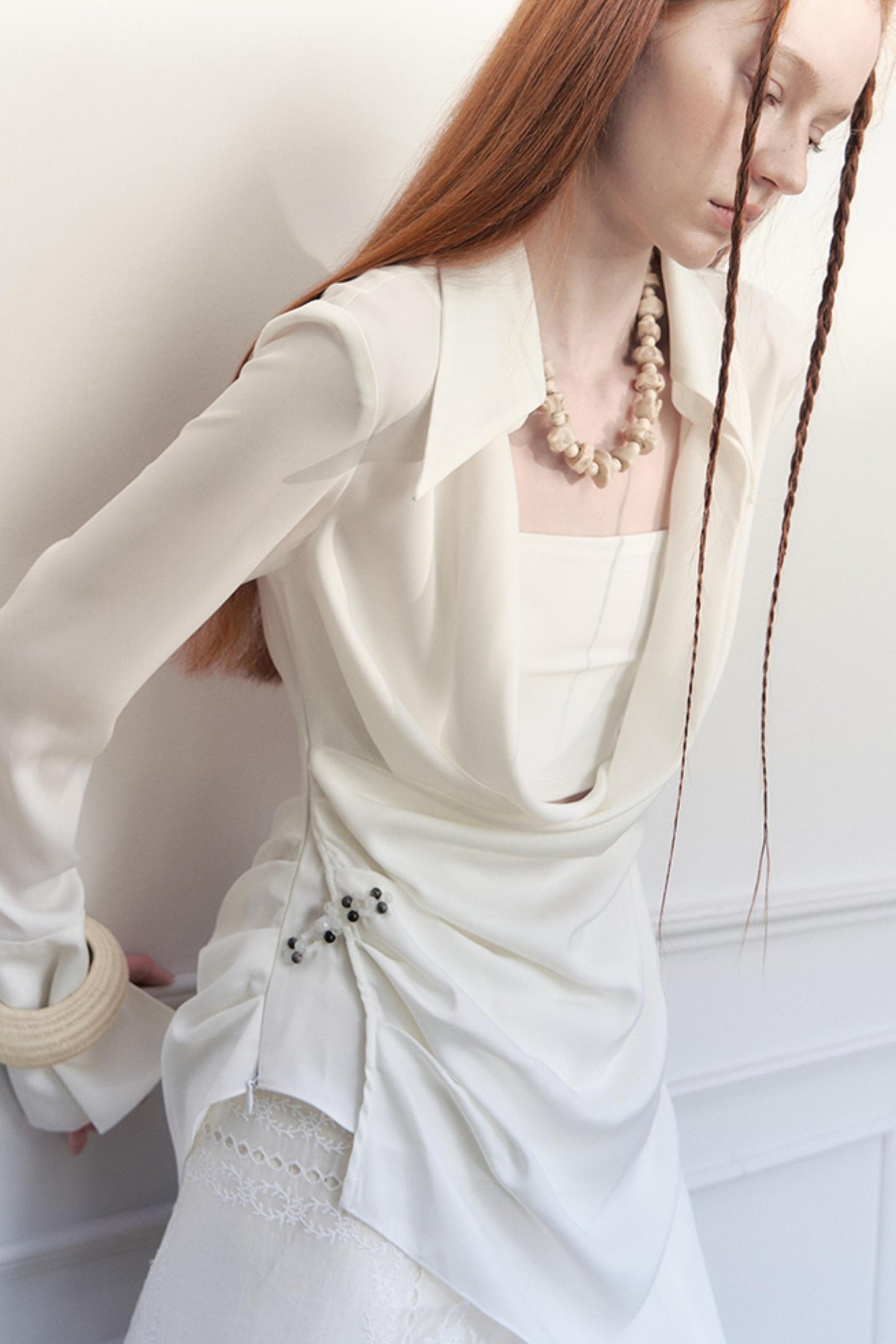 White Pleated Satin Blouse