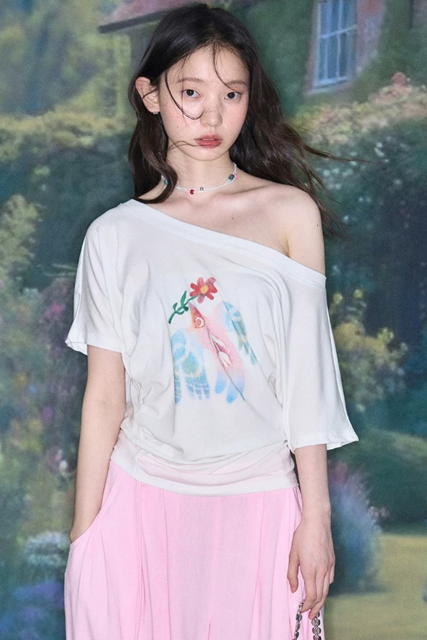 Mint Bird Print Off-Shoulder Ruched Top