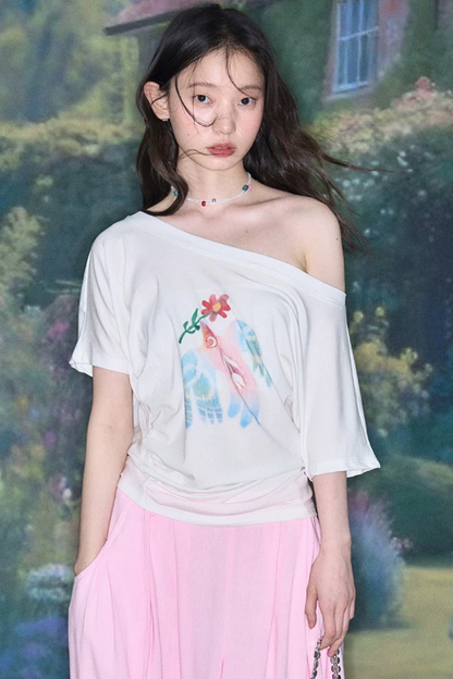 Mint Bird Print Off-Shoulder Ruched Top