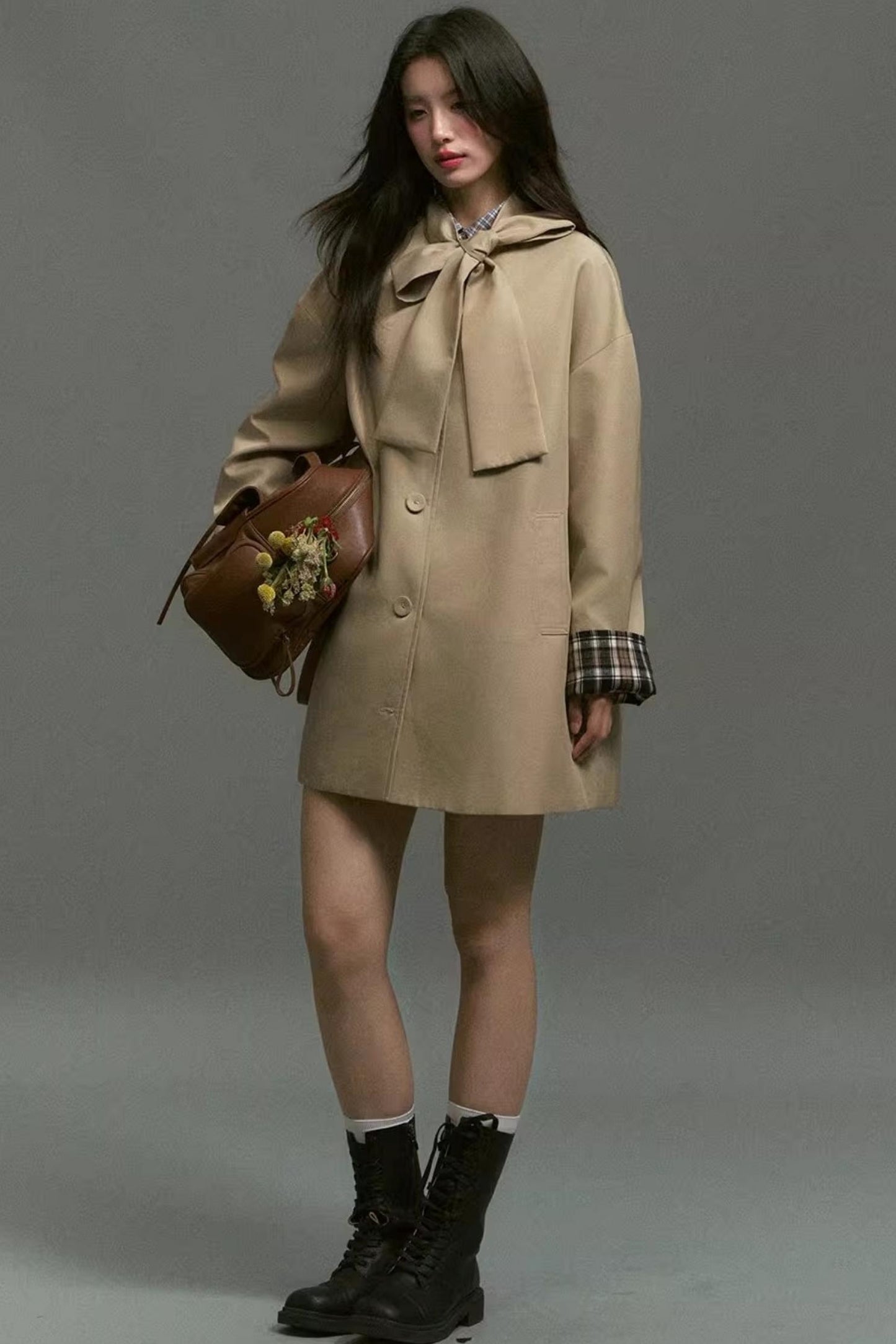 Vintage Bow Plaid Trench Coat