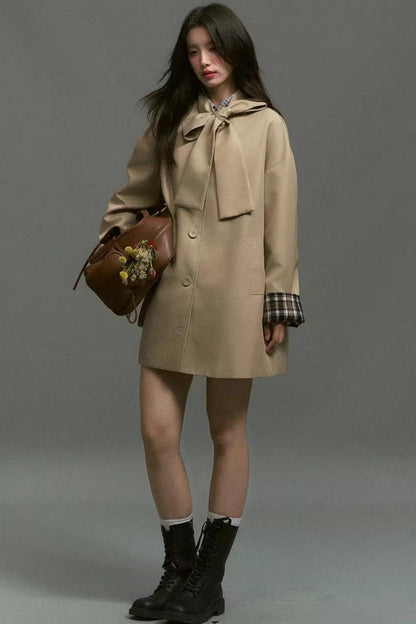 Vintage Bow Plaid Trench Coat