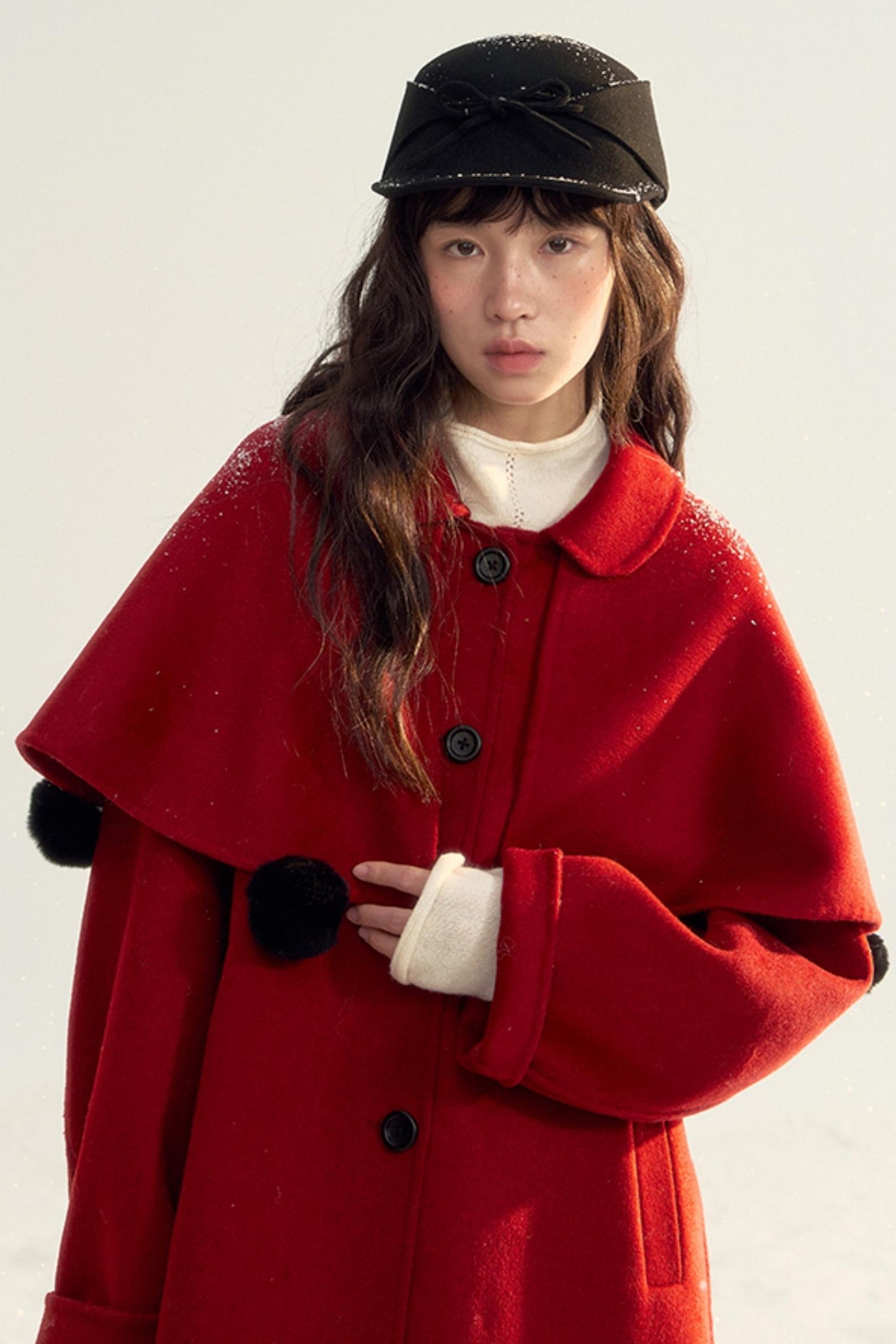 Detachable Cape Red Wool Coat