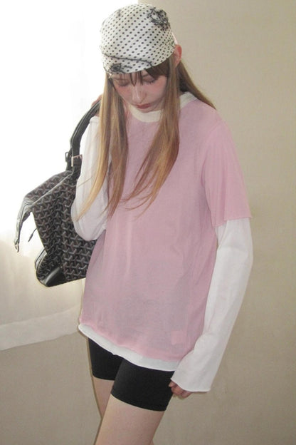 Fake Two-Piece Contrast Long Sleeve T-shirt