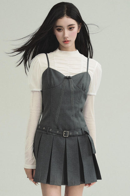 Pleated Waist Suspender Dress & Suit  Set-Up