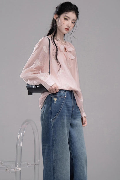 Deep Lake Blue Washed Wide-Leg Jeans