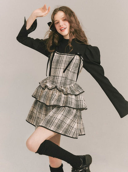 Plaid Cake Skirt Fake Two-piece Dress