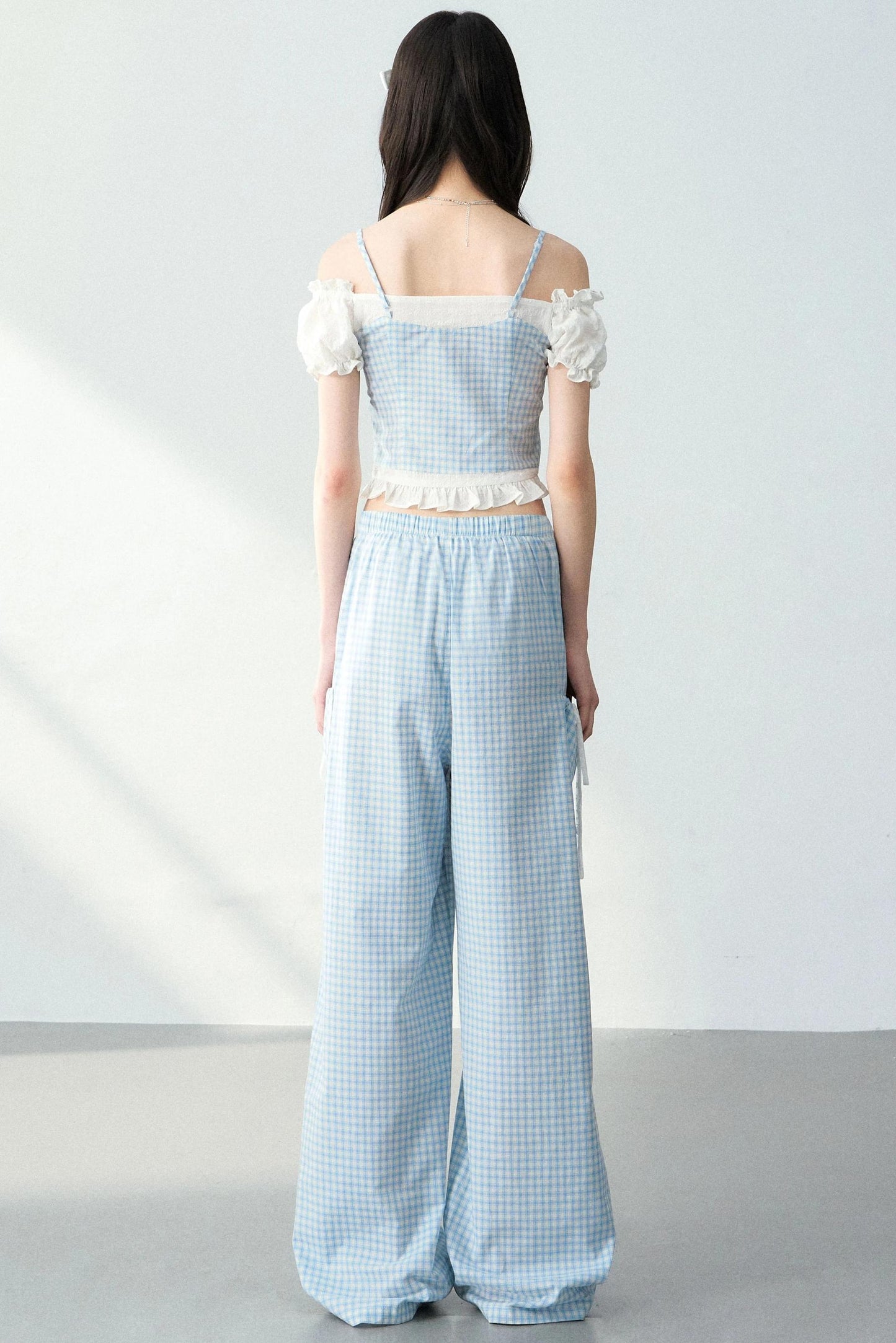 Blue Plaid Off-Shoulder Top Set-Up