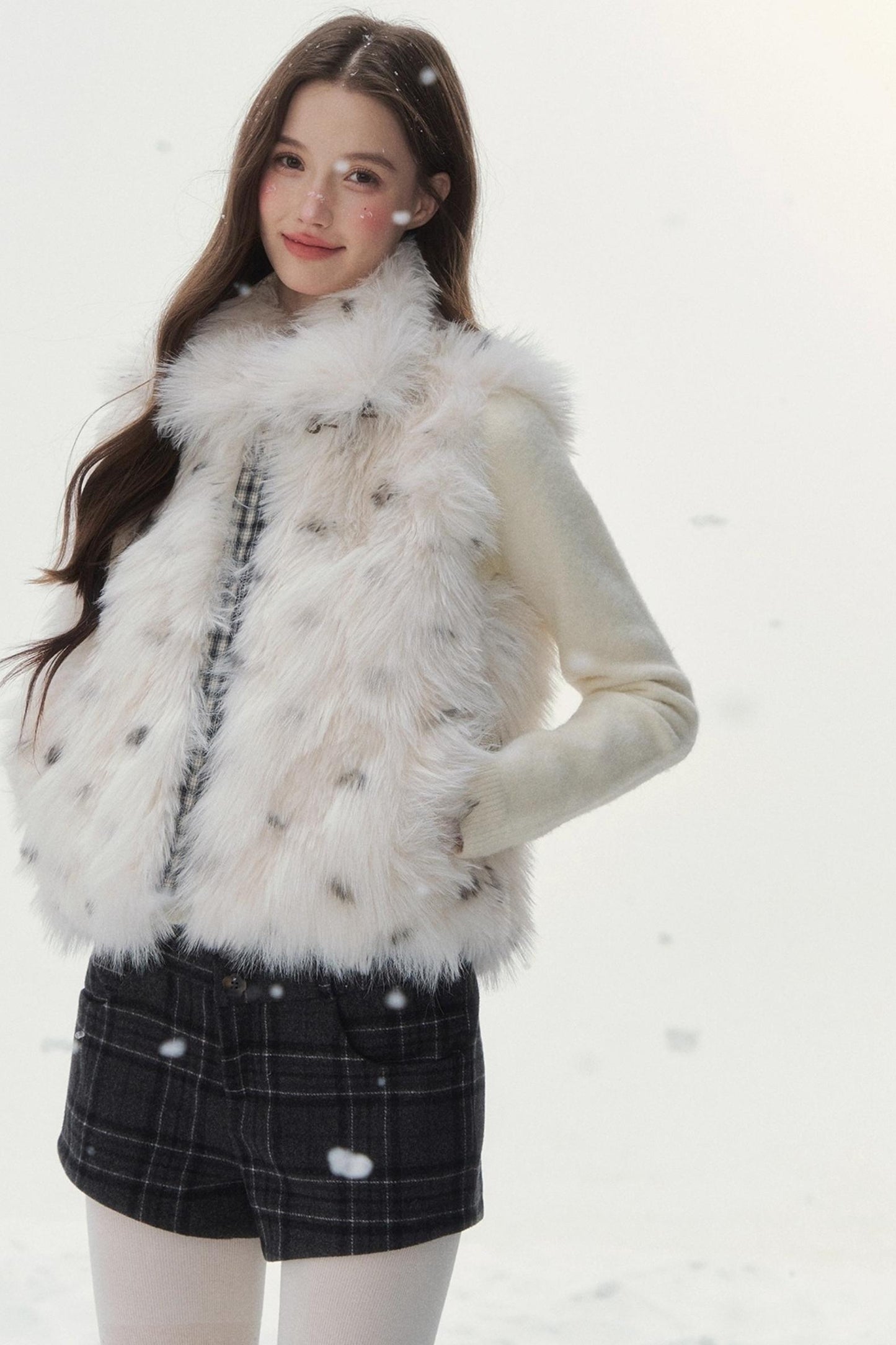 Polka Dot Plaid Fur Coat