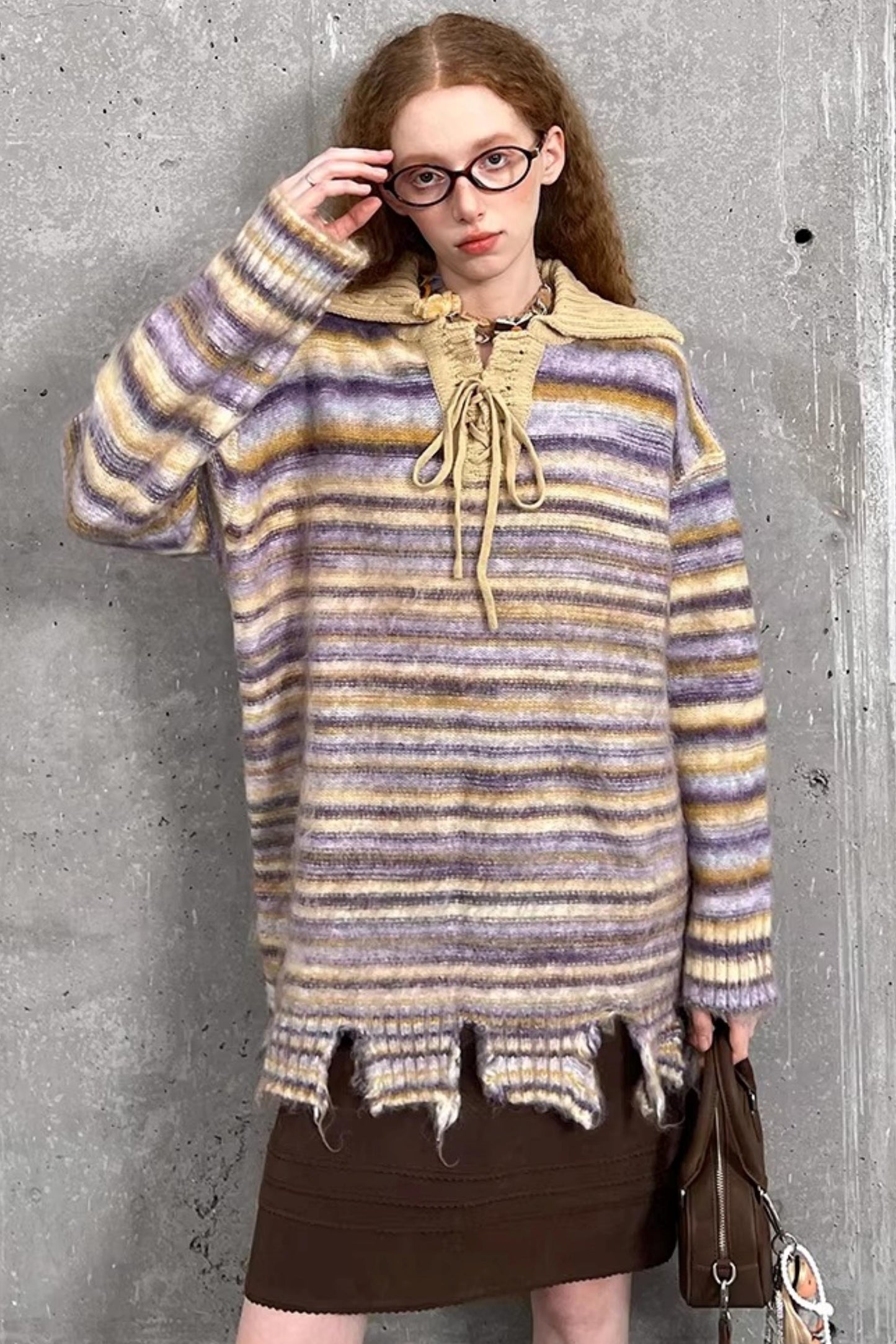 Lace-Up Collar Sweater Set-Up