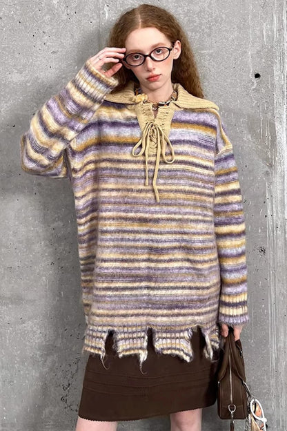 Lace-Up Collar Sweater Set-Up