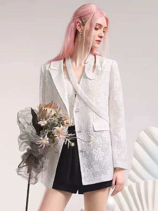 Irregular neckline design lace suit jacket