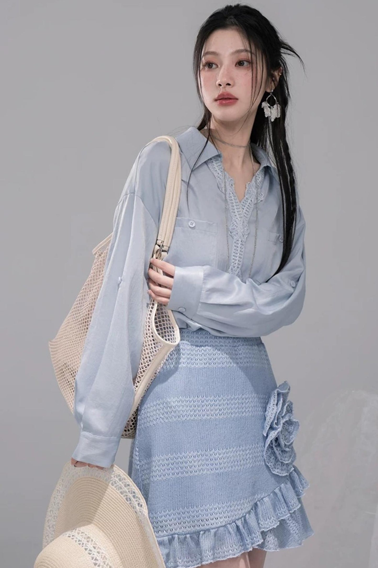 Mist Blue Lace Collar Shirt