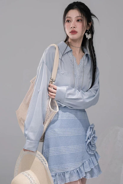 Mist Blue Lace Collar Shirt