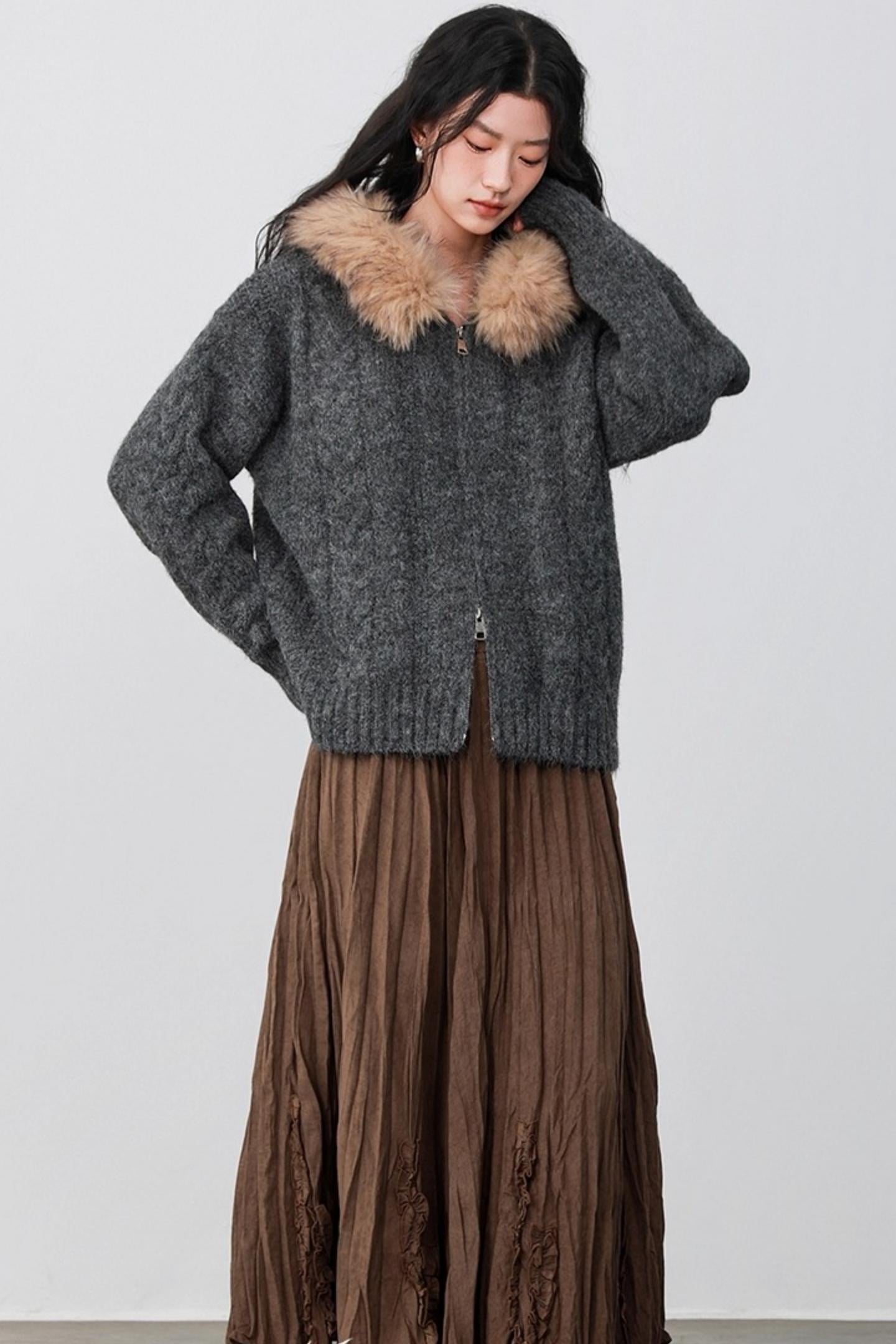 Fog Gray Fur Collar Hooded Jacket