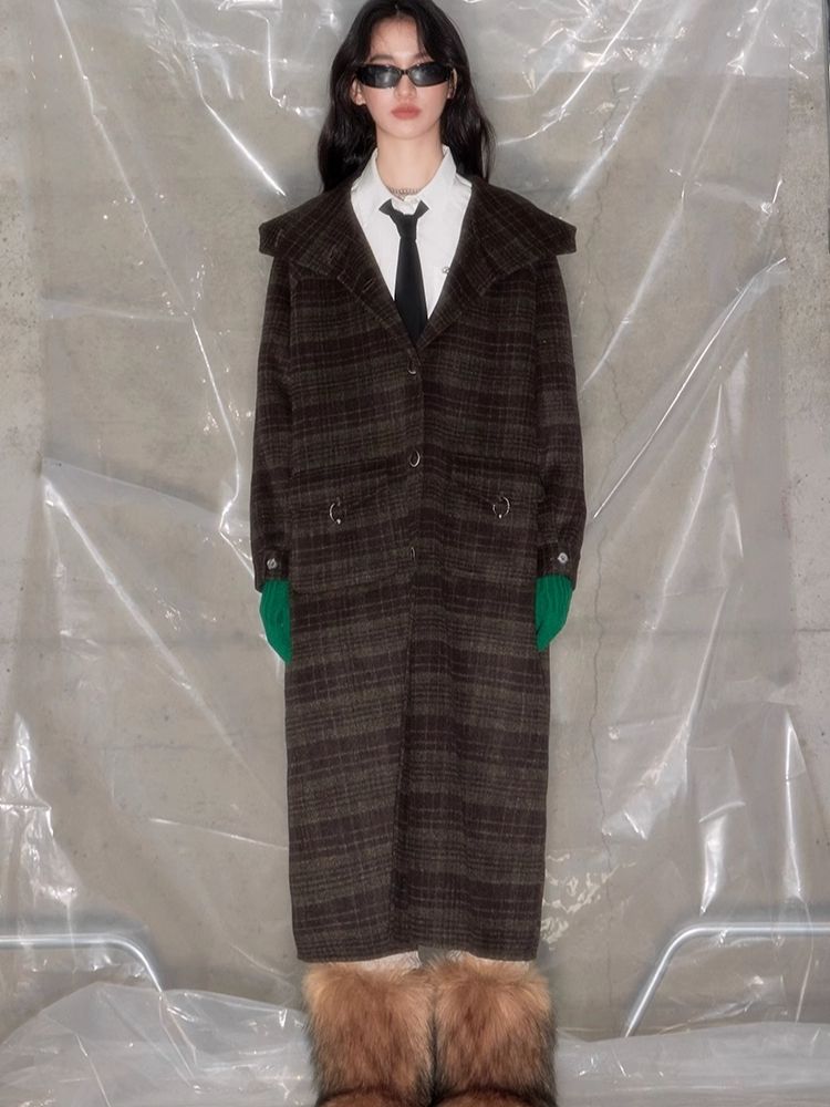 Plaid Hooded Reversible Tweed Coat