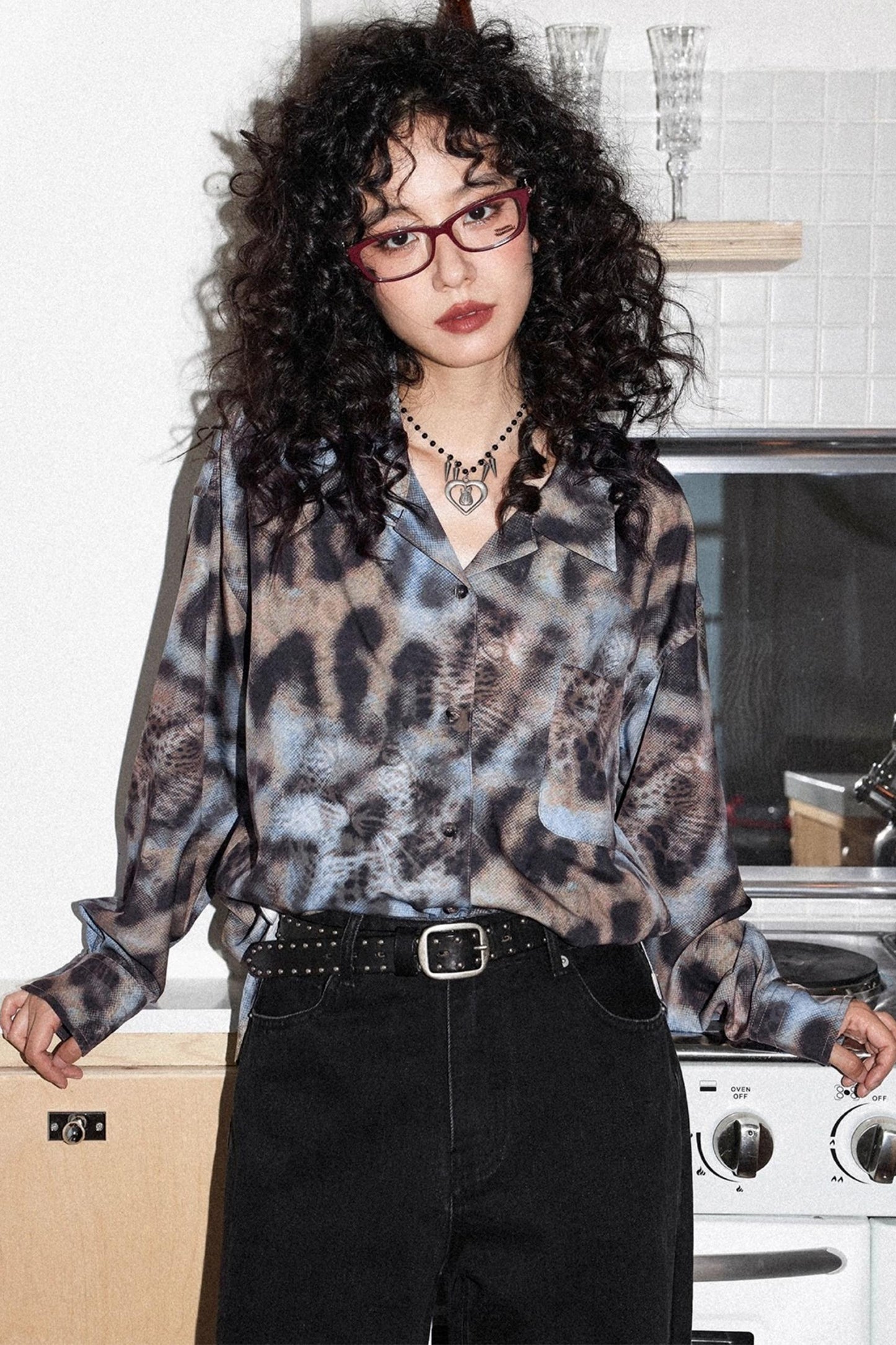 Vintage Leopard Print Cuban Collar Long-Sleeved Shirt
