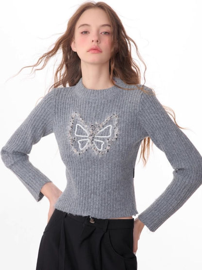 Butterfly Embroidery Long Sleeve Sweater