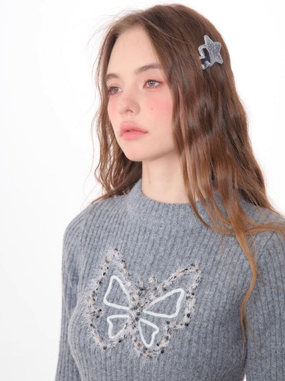 Butterfly Embroidery Long Sleeve Sweater