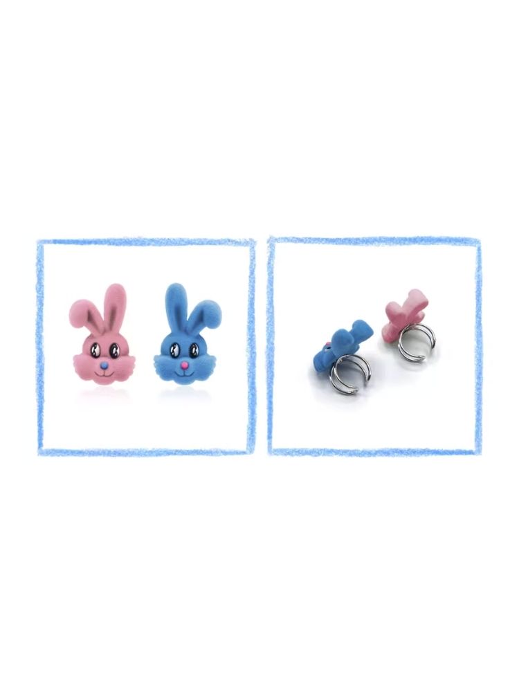 Bunny flocked resin earrings clip ring