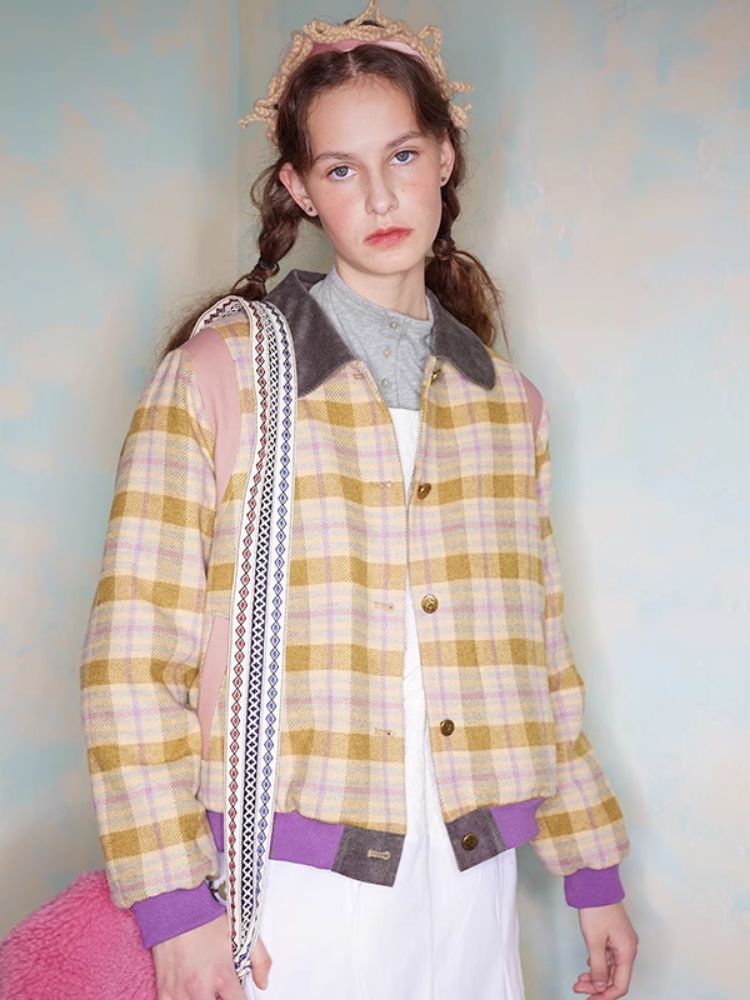 Colorblocked wool tweed jacket