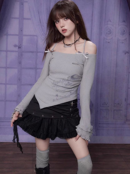 Hanging Neck Gray Print Irregular Hem T-Shirt