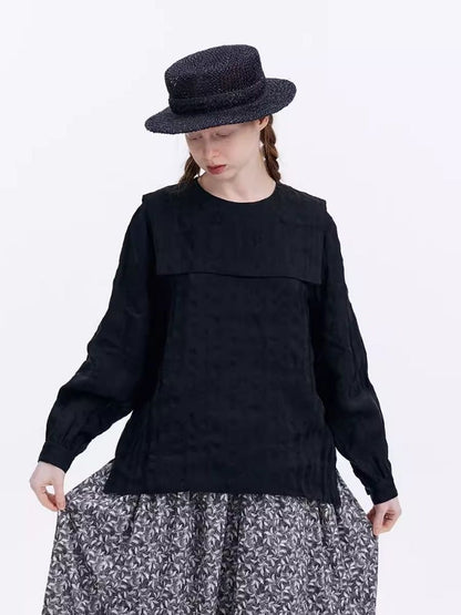 Dark Jacquard Hemp Blend Long Sleeve Blouse