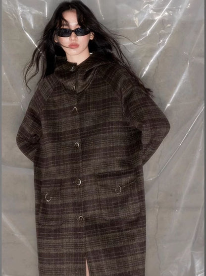 Plaid Hooded Reversible Tweed Coat