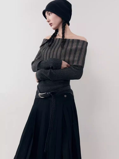 One-shoulder lapel knit sweater