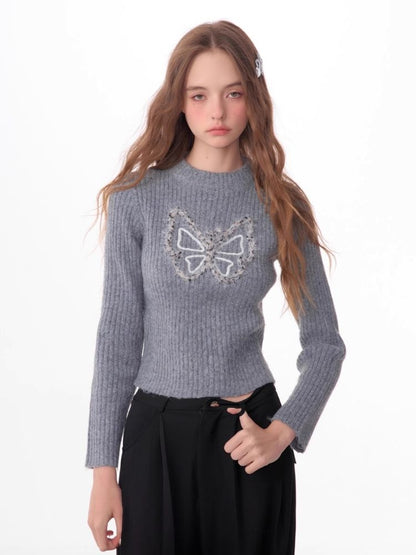 Butterfly Embroidery Long Sleeve Sweater