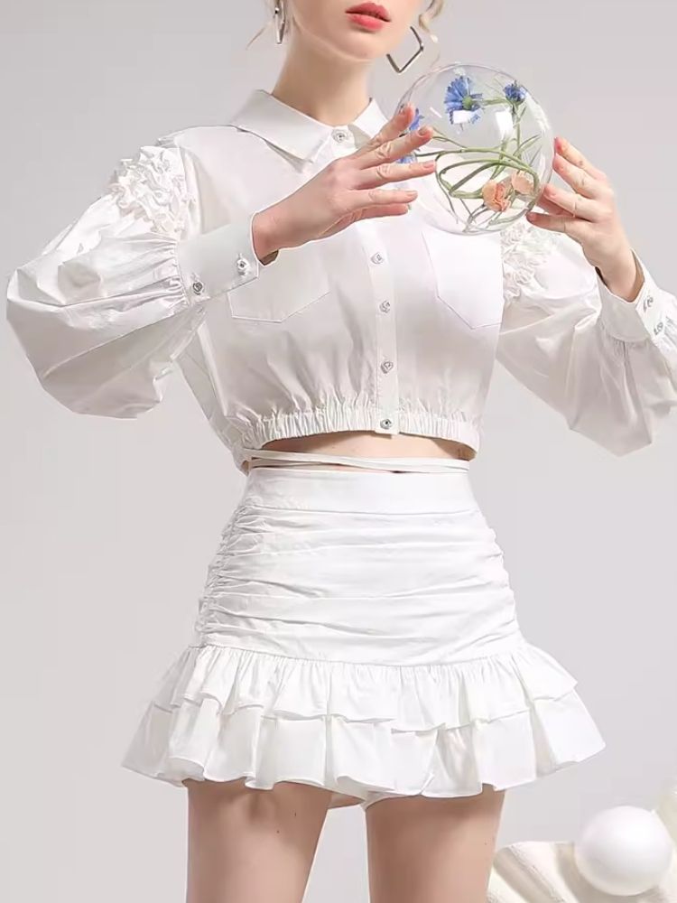 White printed short shirt half-body skirt