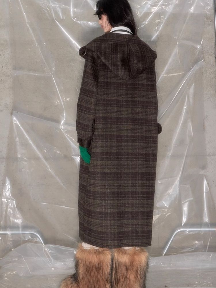 Plaid Hooded Reversible Tweed Coat