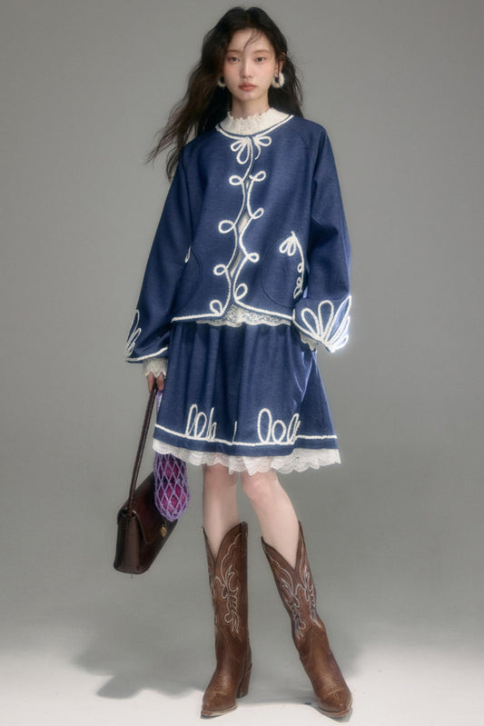 Vintage Embroidery Denim Cardigan Pants Set-Up