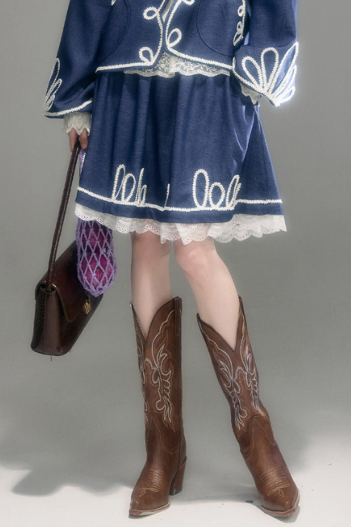 Vintage Embroidery Denim Cardigan Pants Set-Up