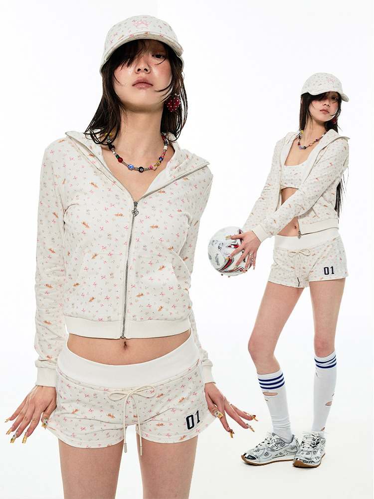 Animal Flower Print Zip-Up Hoodie & Short Pants Set Up