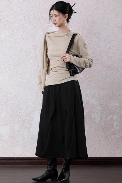 Milk Tea Long Sleeve One-Shoulder Top