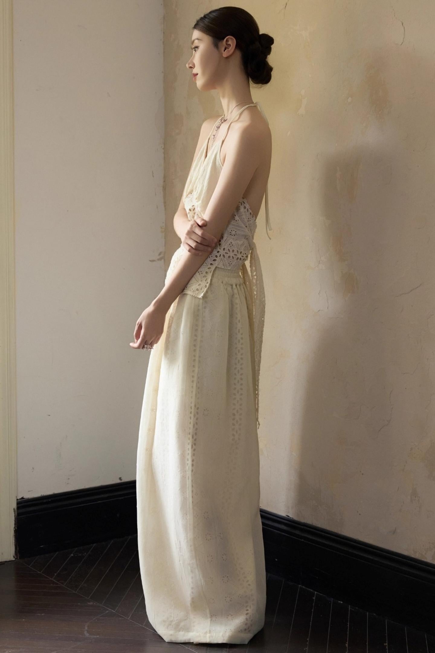 Romantic White Embroidered Halterneck Top