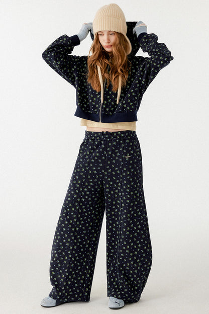 Navy Blue Floral Hooded Jacket Set-Up