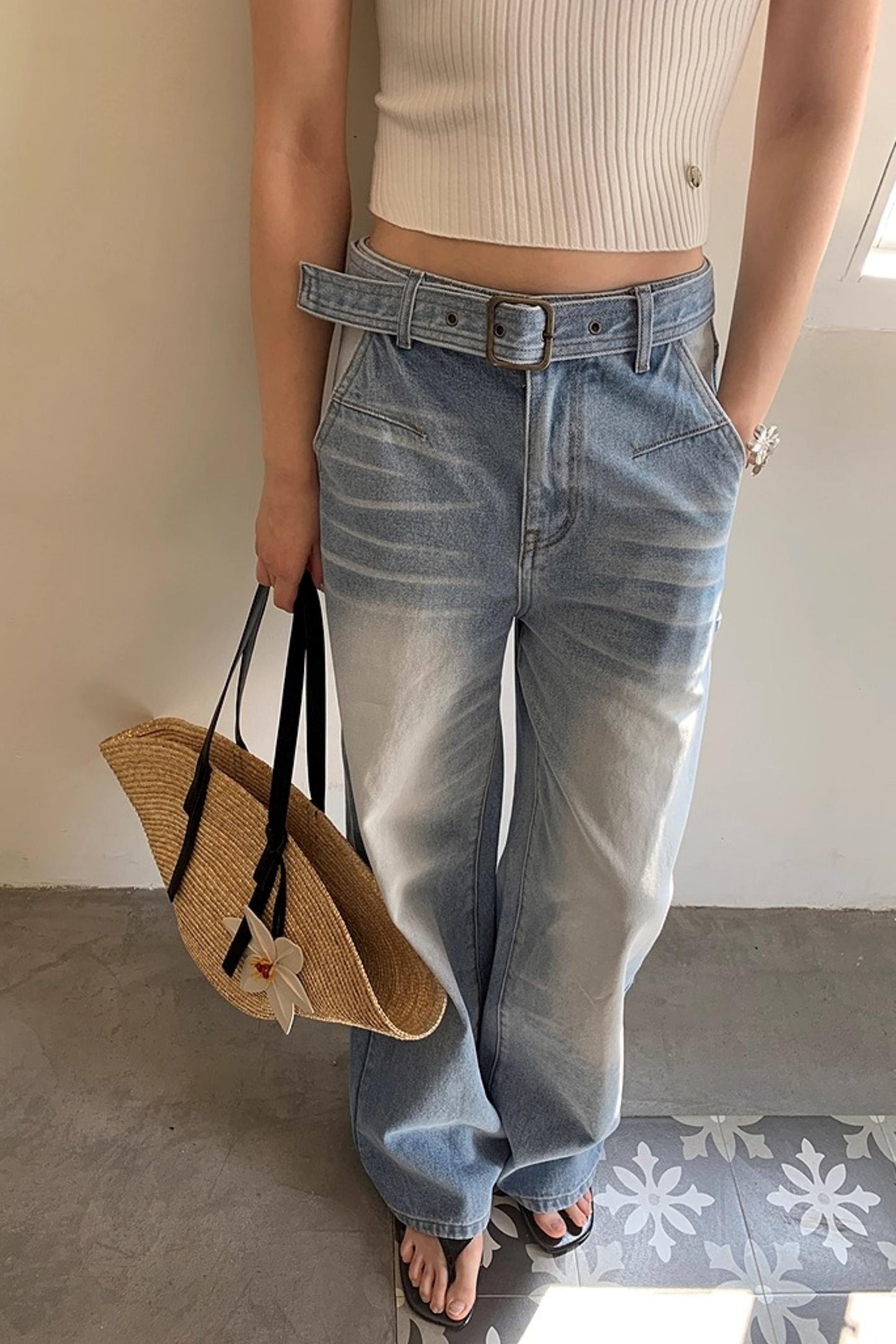 Vintage Blue Distressed Straight Jeans