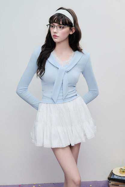 Korean Lace Trim Tie Neck Sweater