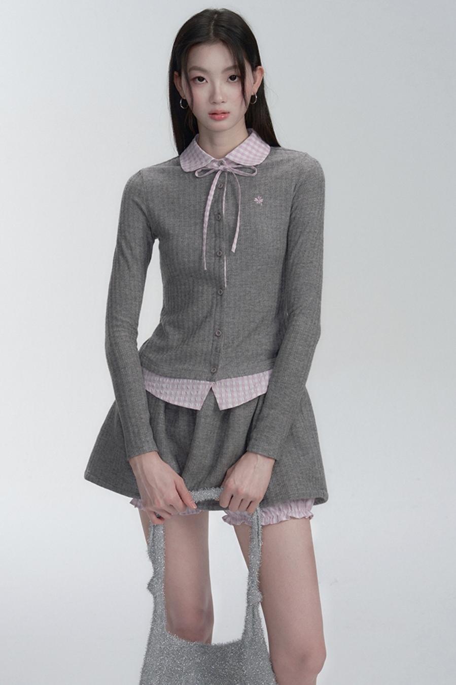 Pink-Gray Check Knit Top Set-Up