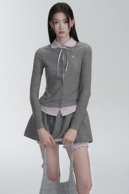 Pink-Gray Check Knit Top Set-Up