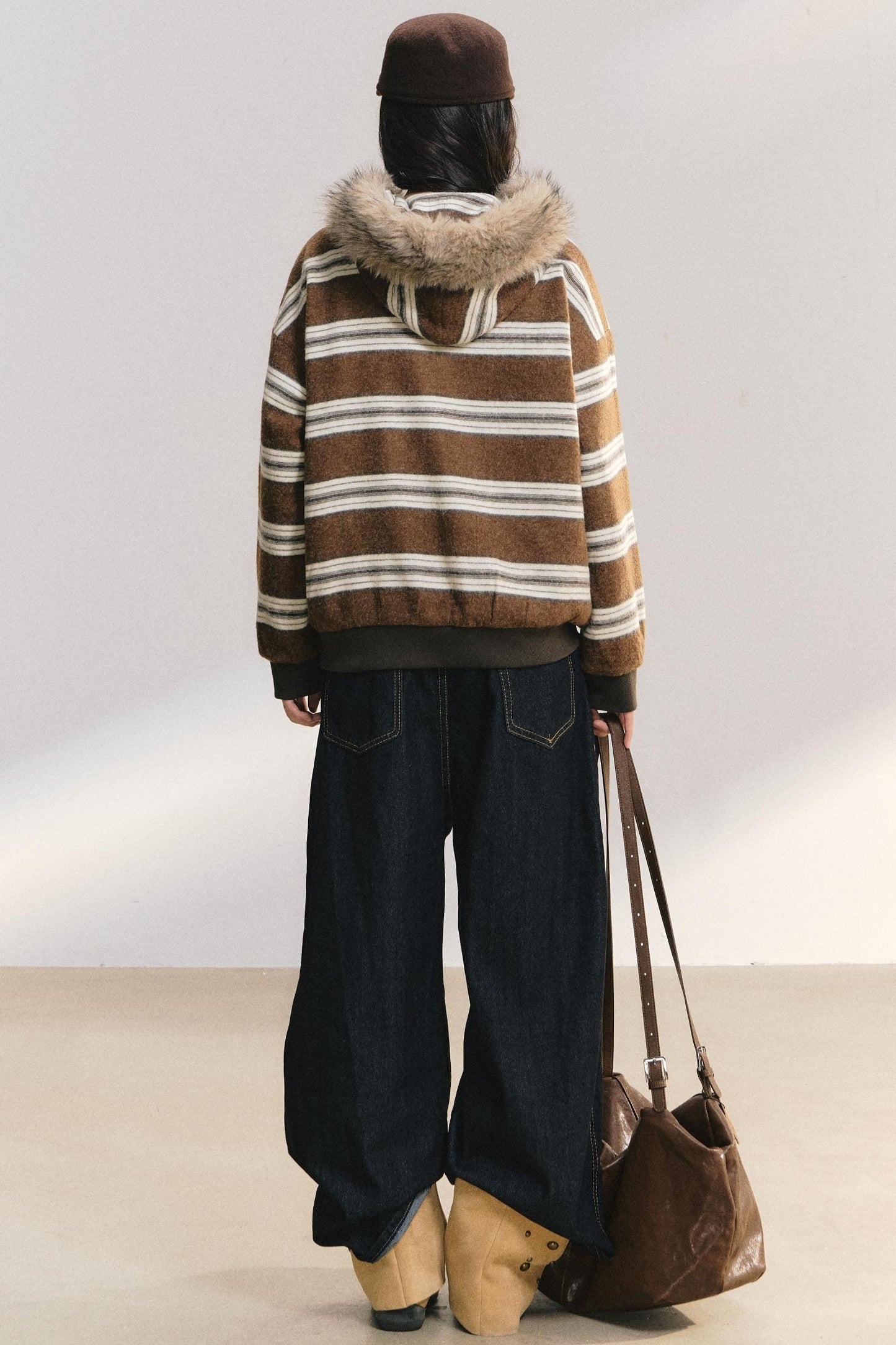 Detachable Fur Collar Striped Jacket